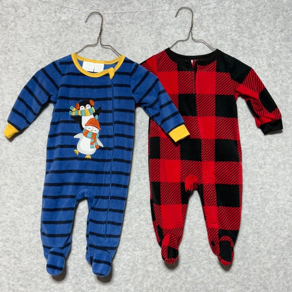 Baby 3-6M Lot of 2 Fleece Zip-Up 1-Piece Red Plaid Blue Penguin Pajama Footies
